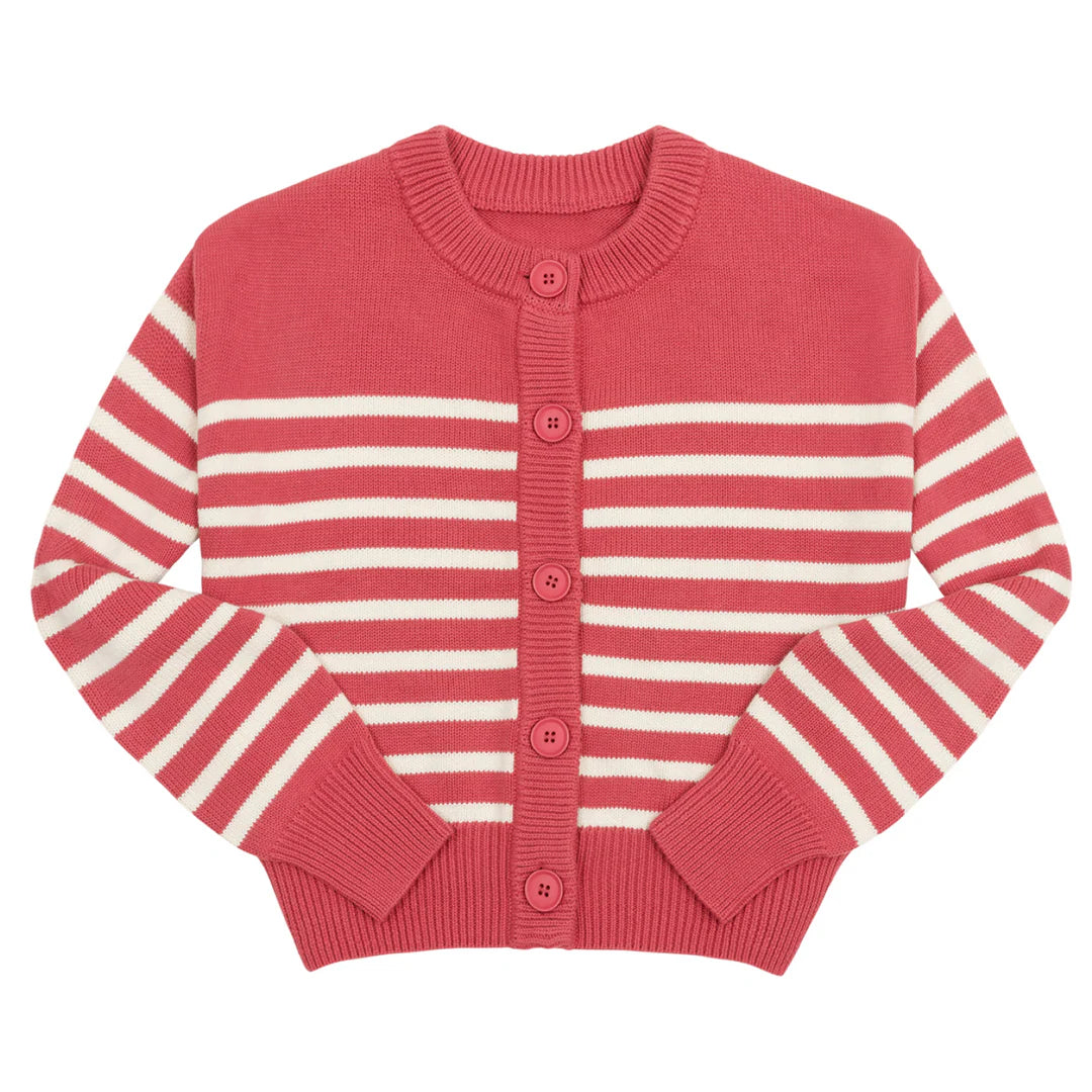 women's red and cream stripe cropped knit cardigan