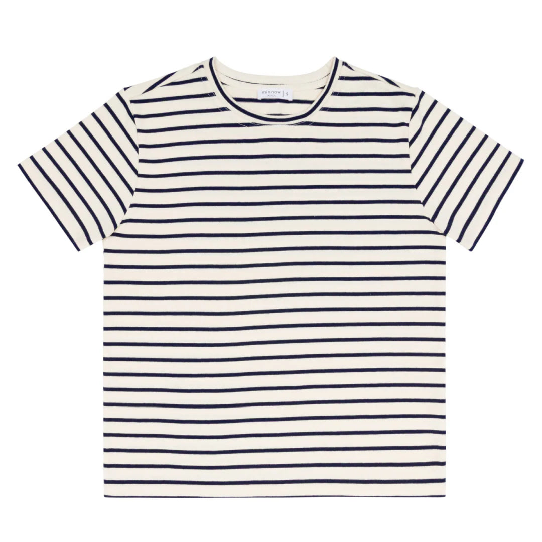 women's cream and navy stripe short sleeve tee